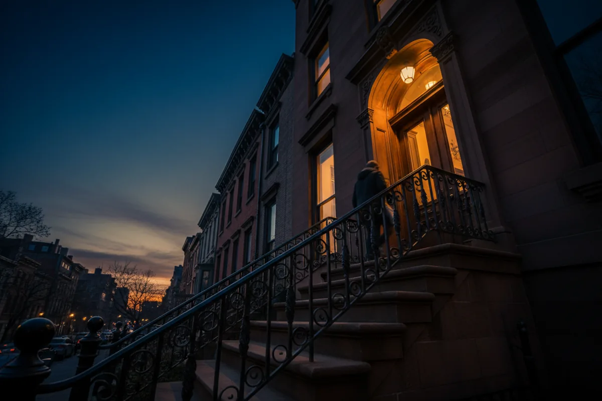 The front stoop and entrance of a historic brownstone building in New York City at twilight.
