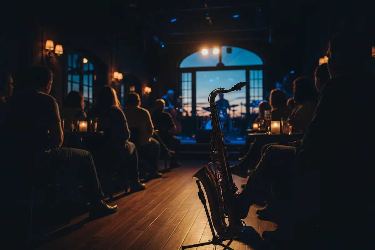A dimly lit stage in a jazz club with a saxophone under a spotlight, viewed from the back of the room.