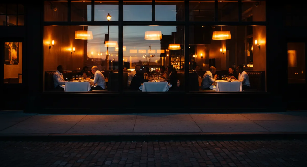 The glowing window of a Harlem restaurant at dusk, seen from the street outside.