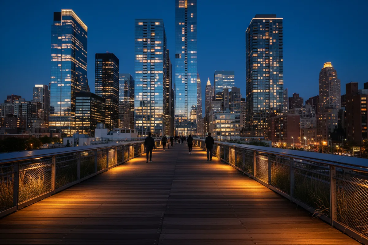 The illuminated High Line park walkway at dusk with modern skyscrapers in the background.