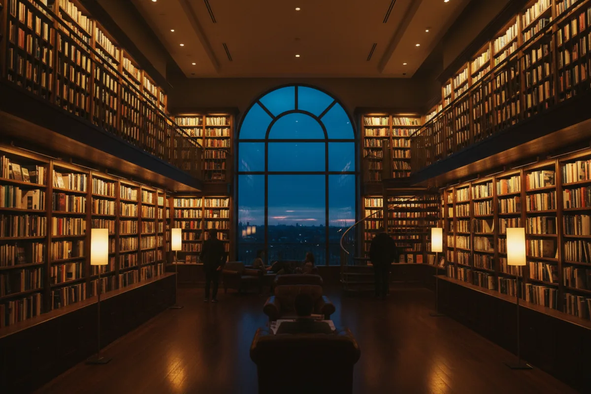 Interior of a modern bookstore with tall, warmly lit bookshelves and a large window showing the city at dusk.