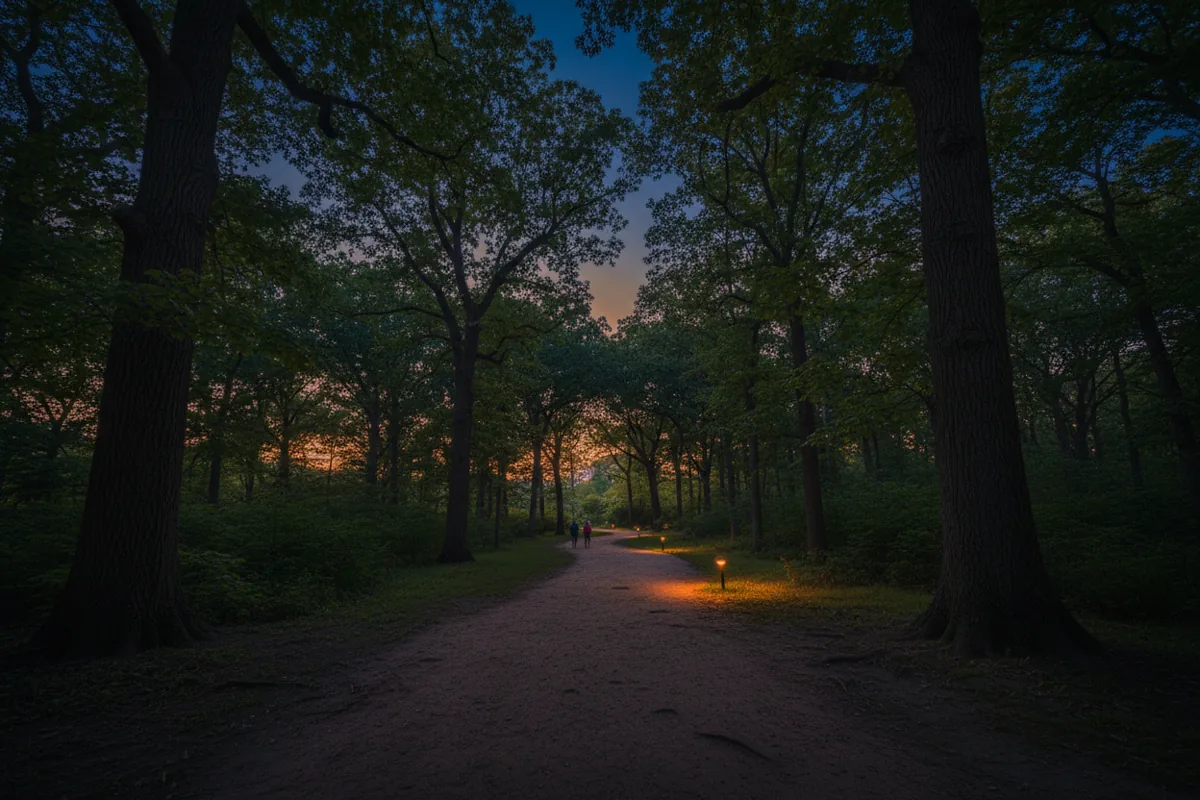 A sunlit dirt path winds through the lush, green forest of Inwood Hill Park in New York City.