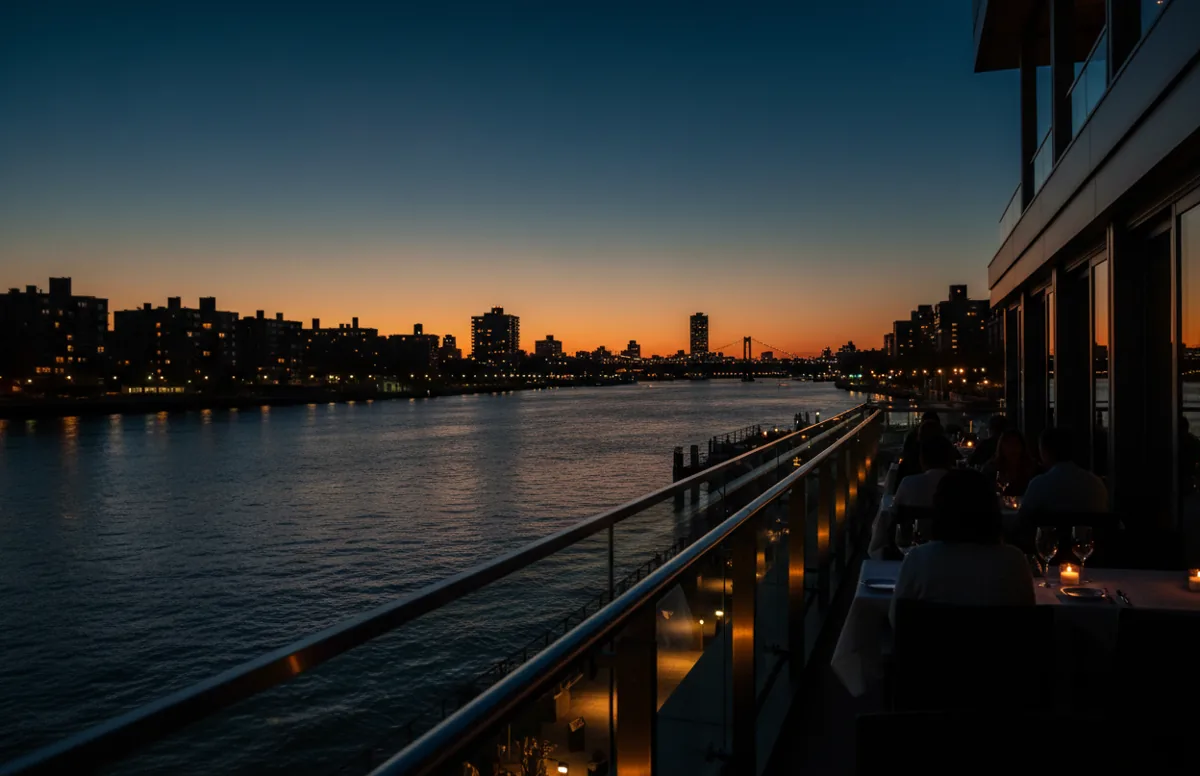 A modern restaurant patio overlooks a river and a city skyline with glowing lights at dusk.