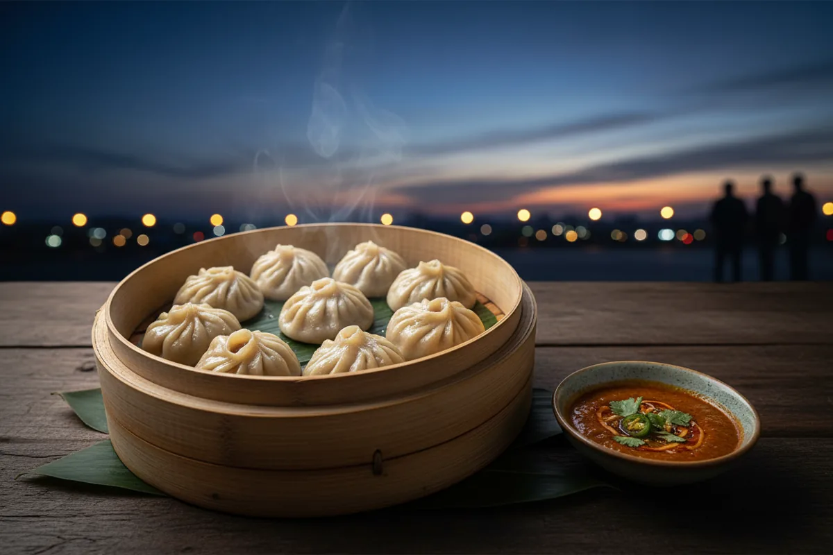 A bamboo steamer basket of momos and a side of dipping sauce on a wooden table, representing Jackson Heights cuisine.