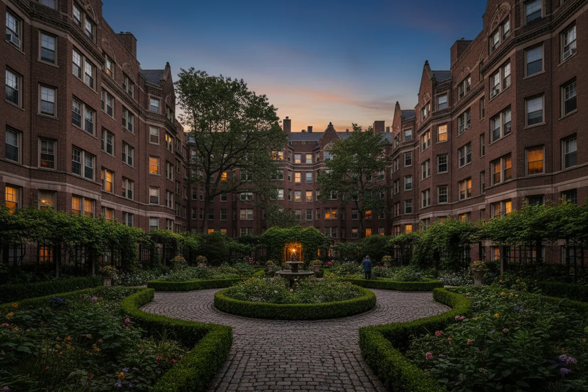 A tranquil garden courtyard surrounded by historic brick apartment buildings in Jackson Heights.