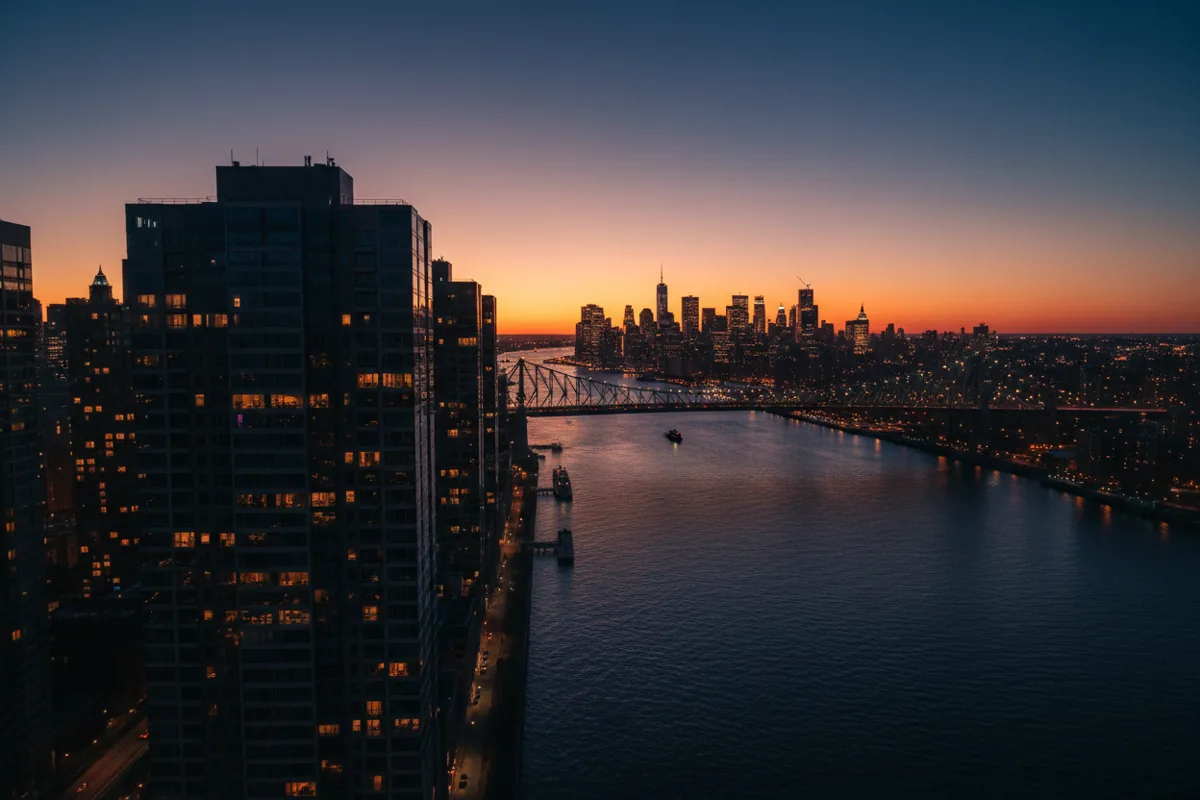 Aerial view of Long Island City and the Queensboro Bridge at dusk, as seen from a helicopter over the East River.