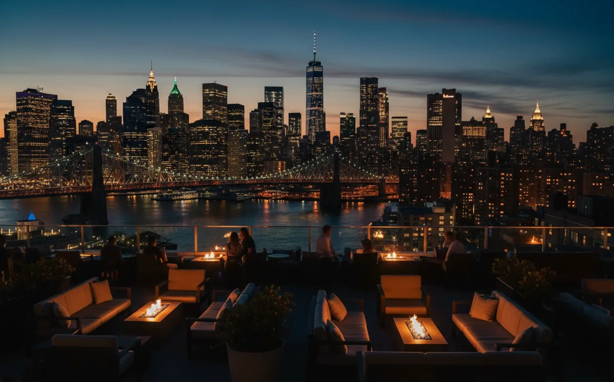 A rooftop bar in Long Island City with a clear view of the Manhattan skyline and Queensboro Bridge at night.
