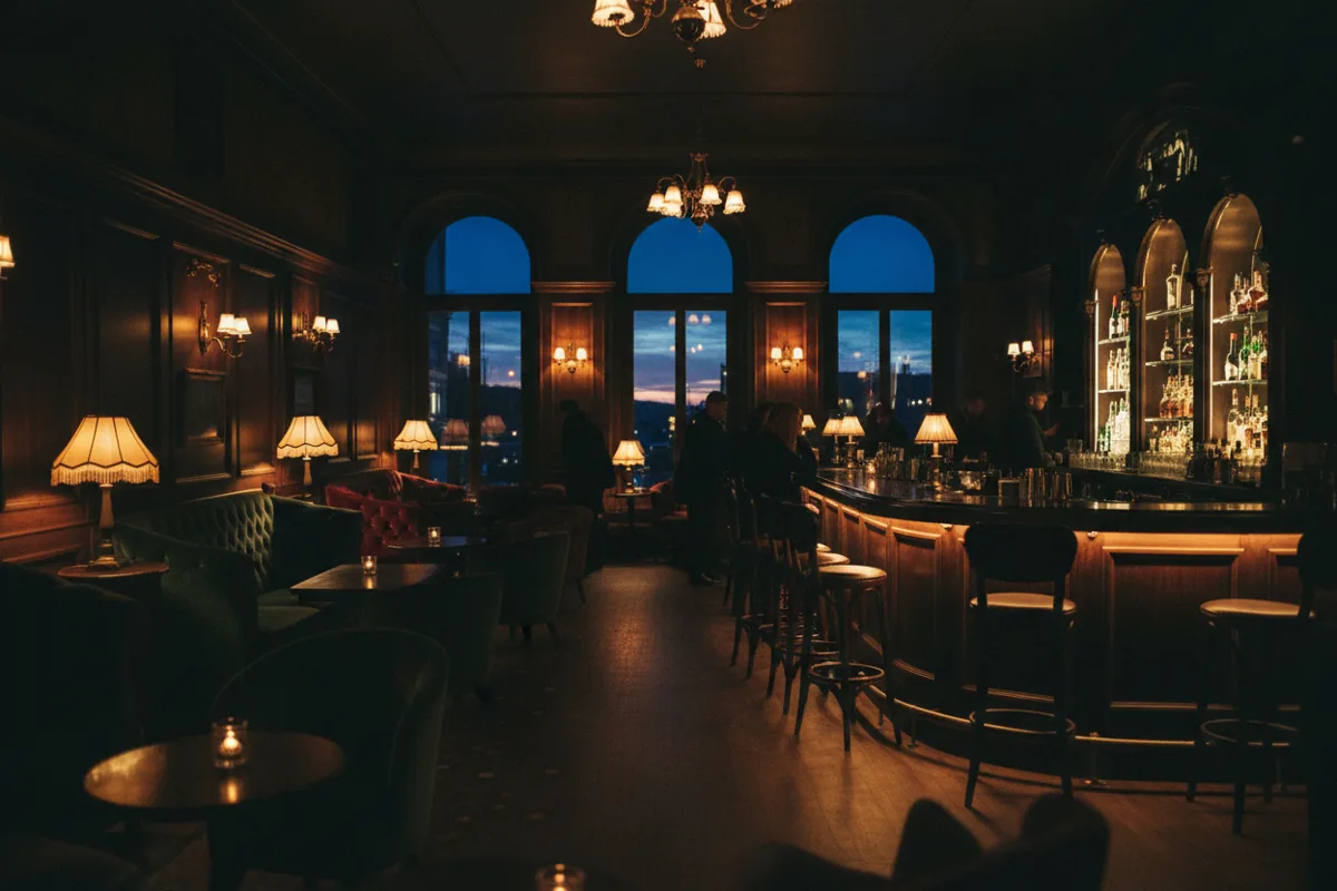 The dimly lit, elegant interior of a vintage-style speakeasy bar with warm lighting and dark wood decor.