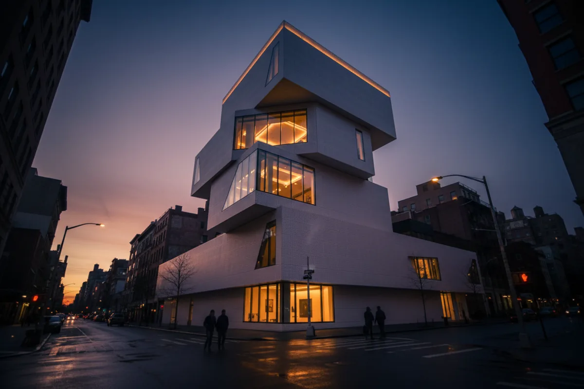 The modern, stacked architecture of the New Museum building at dusk against a dark blue sky.