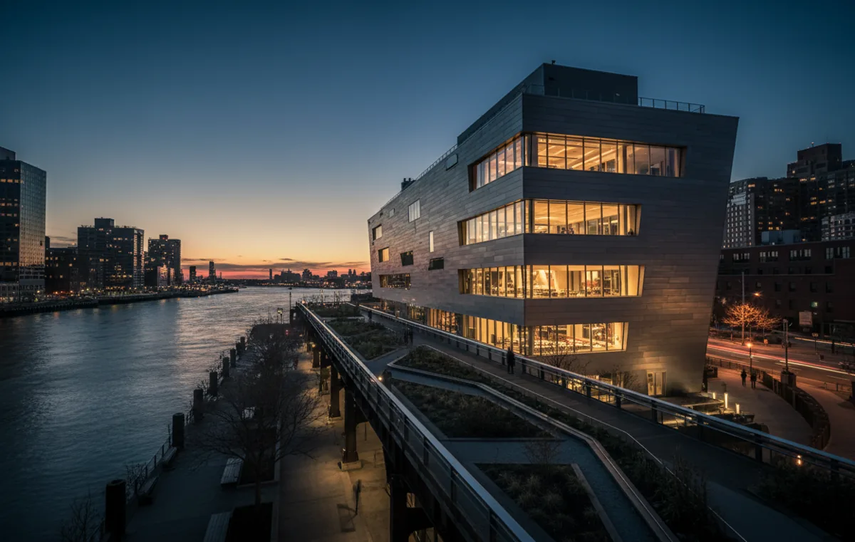 The Whitney Museum with its stepped terraces beside the High Line at blue hour.