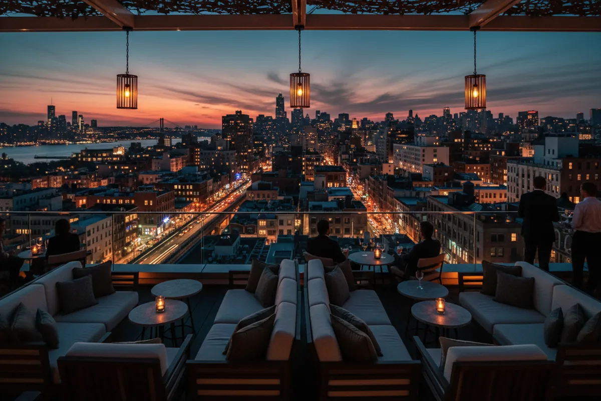 A view of the Manhattan skyline at dusk from a rooftop bar in the Meatpacking District.