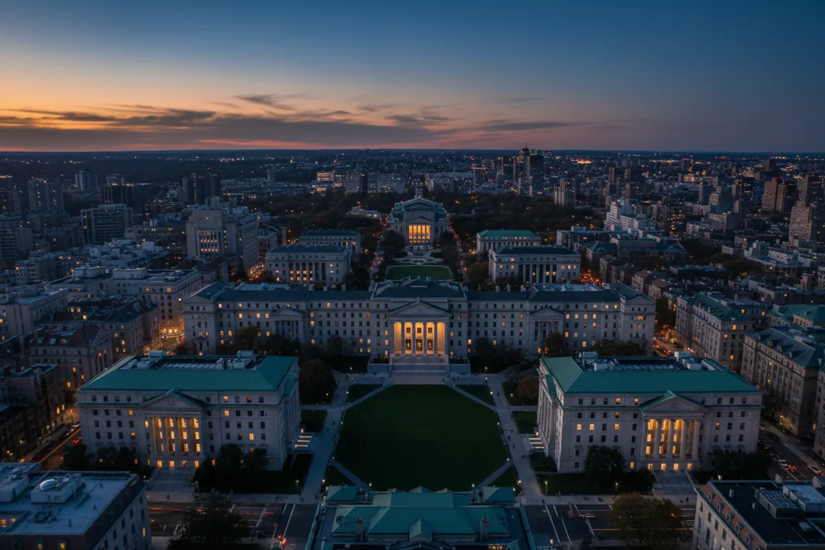 Aerial view of the Columbia University campus and its iconic green roofs in Morningside Heights, New York City.