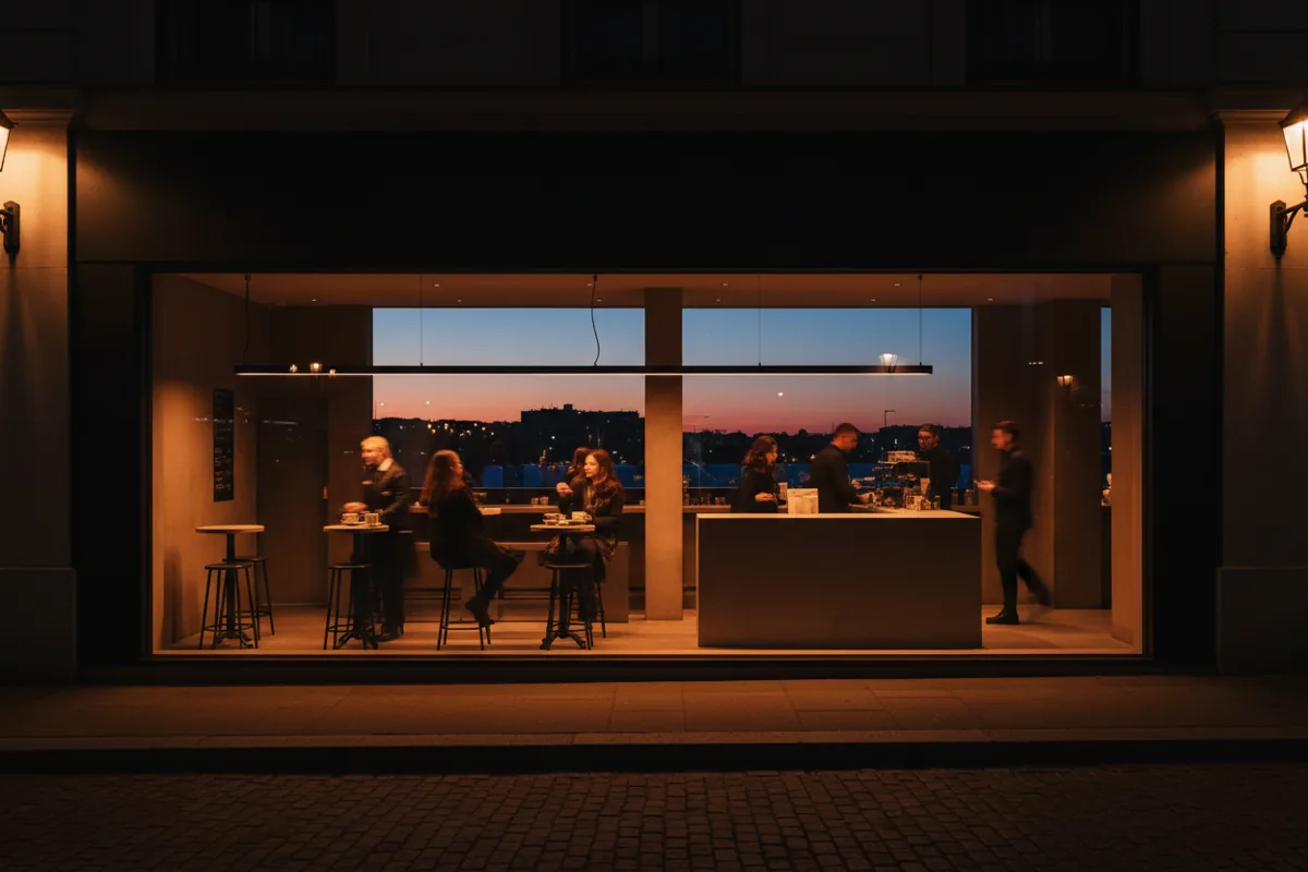 The glowing interior of a modern, stylish cafe seen from the street at dusk.
