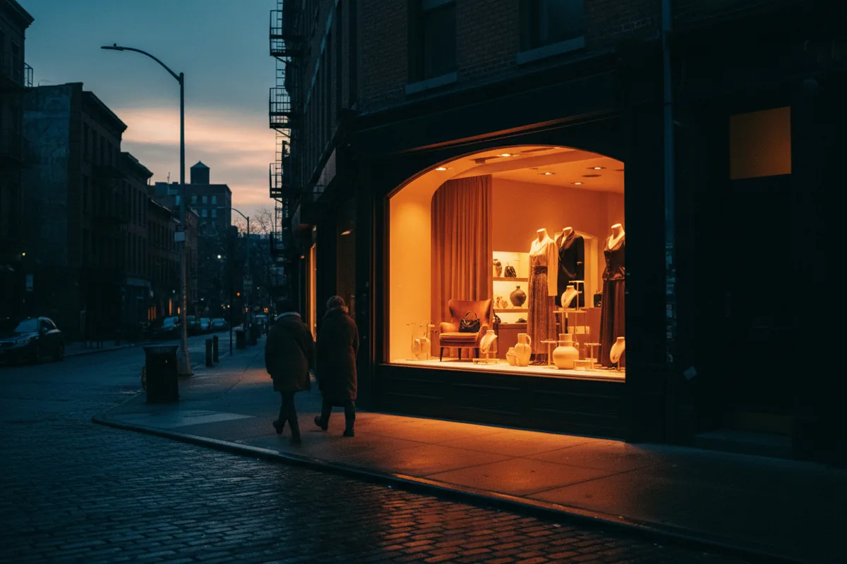 A warmly illuminated boutique window display on a city street at twilight.