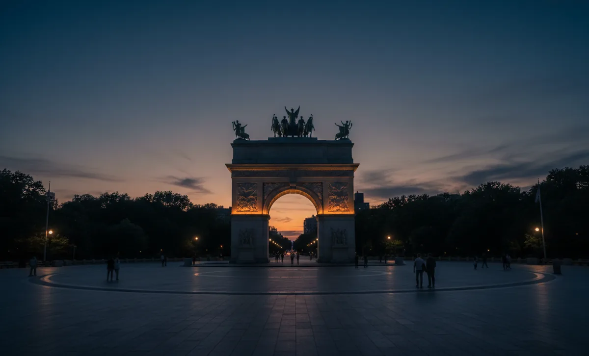 The free-standing Soldiers' and Sailors' Arch at Grand Army Plaza lit at twilight.