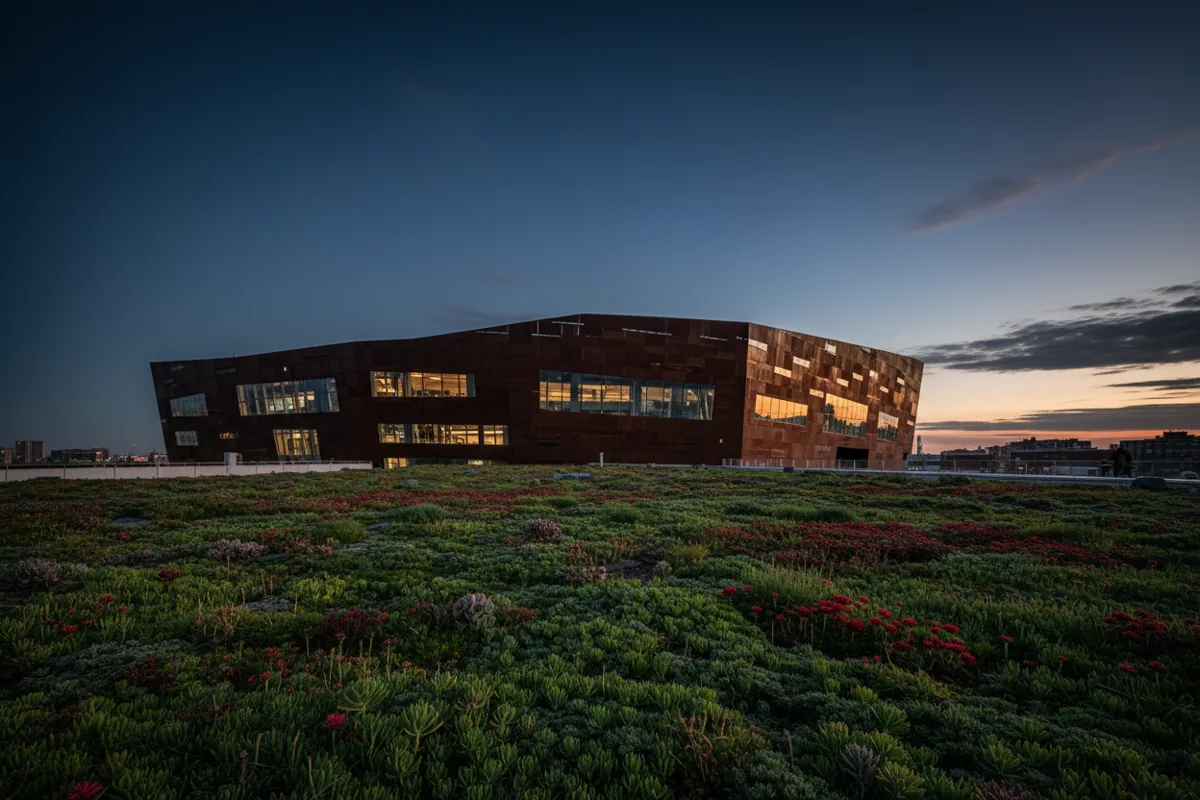 The living green roof of the Barclays Center, with its weathered steel facade curving in the background.