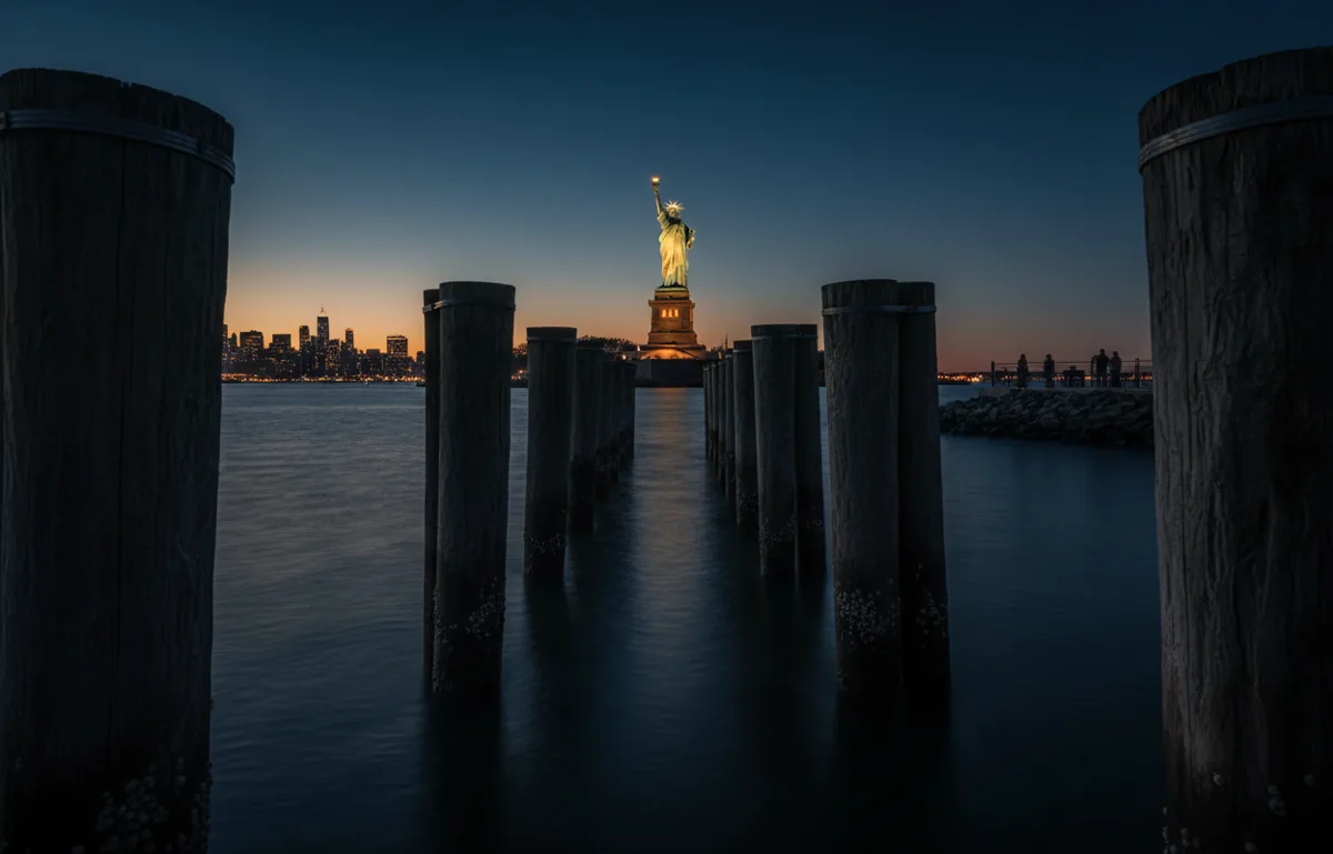 The Statue of Liberty seen from a pier in Red Hook, Brooklyn at dusk.
