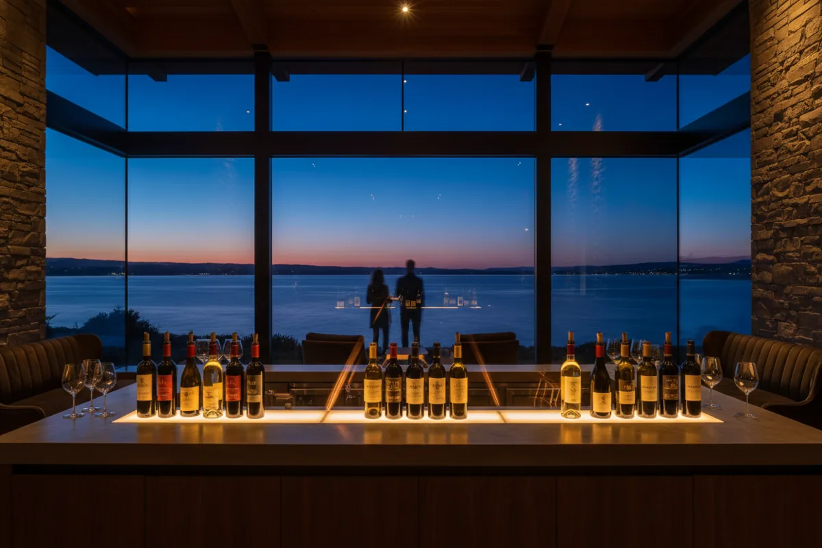 A modern winery tasting room with wine bottles on a bar overlooking the water at dusk.