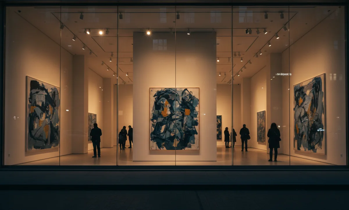 A modern art gallery in SoHo viewed from the street at twilight, with patrons admiring large colorful paintings.