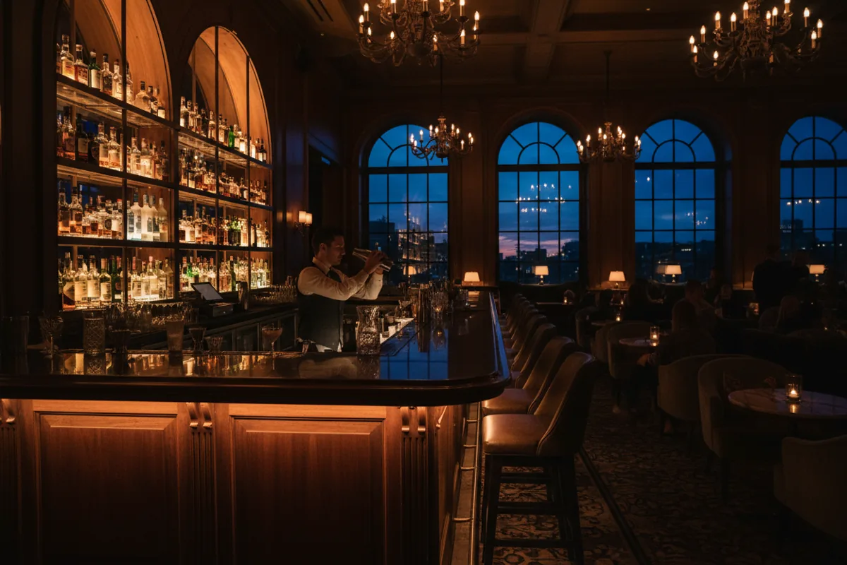 A stylish, dimly lit cocktail bar with a bartender preparing a drink and glowing bottles in the background.