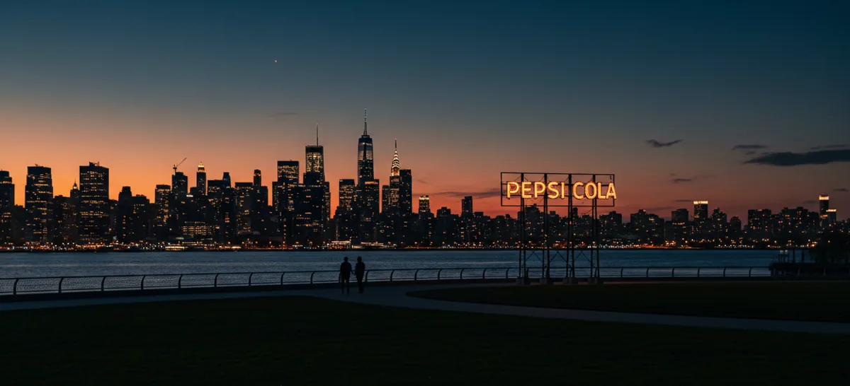 People walking in a waterfront park in Queens at dusk, with the Manhattan skyline in the background.