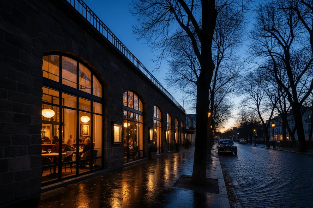 The glowing exterior of an inviting, upscale restaurant at twilight.