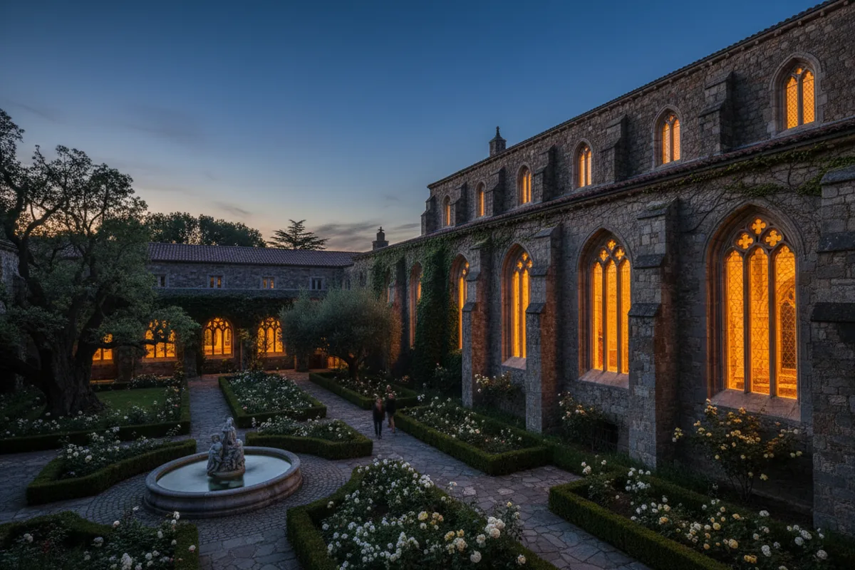 A medieval-style stone building with glowing windows and lit pathways at dusk.