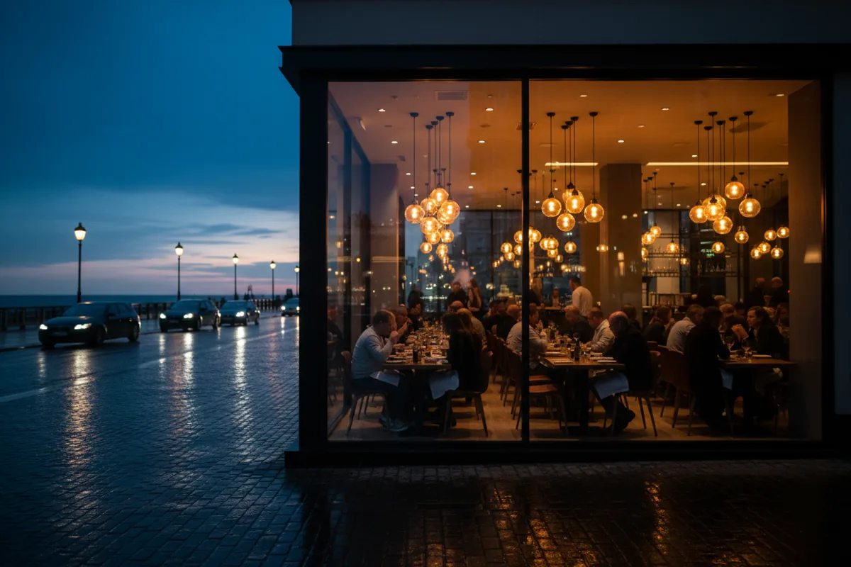 The warm, glowing interior of a chic restaurant seen from the street at twilight.