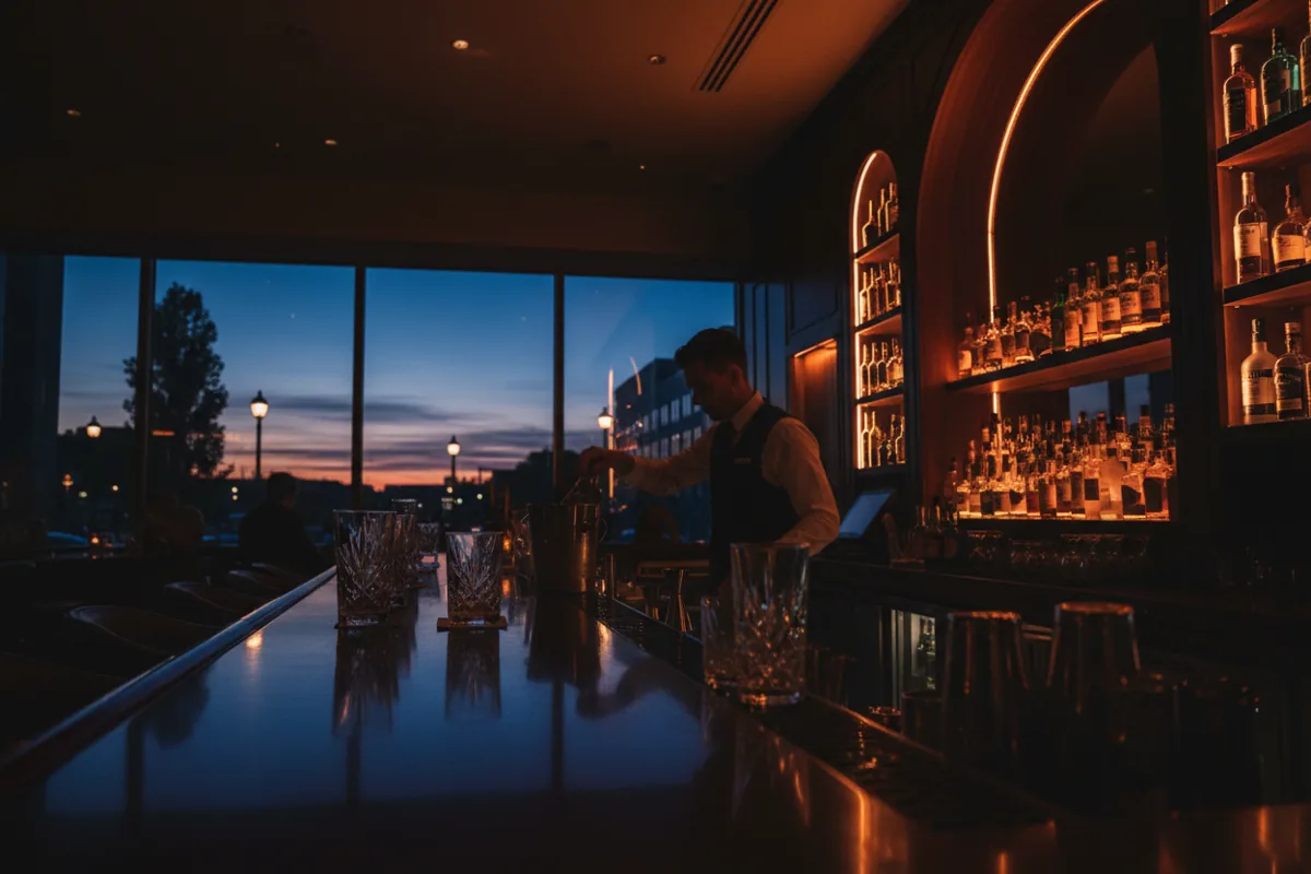 A sophisticated, dimly lit cocktail bar with a bartender silhouetted against glowing shelves.