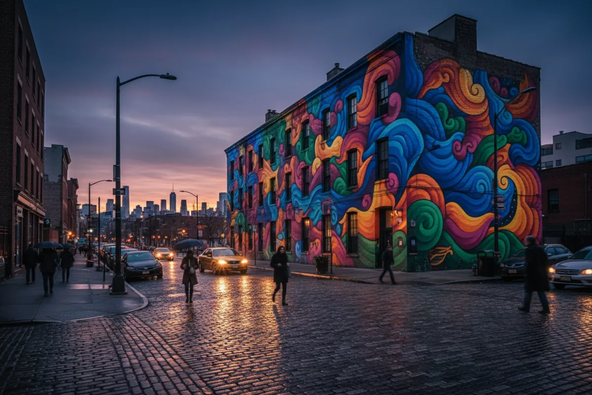 A large, colorful street art mural on a brick building in Williamsburg at dusk.