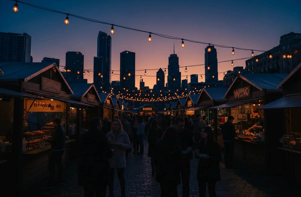 An outdoor food market with glowing lights and a city skyline in the background at twilight.