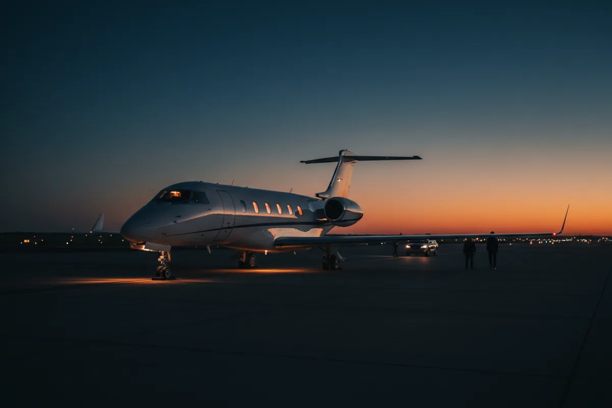 A private jet sits on an airport tarmac on a bright, sunny day.