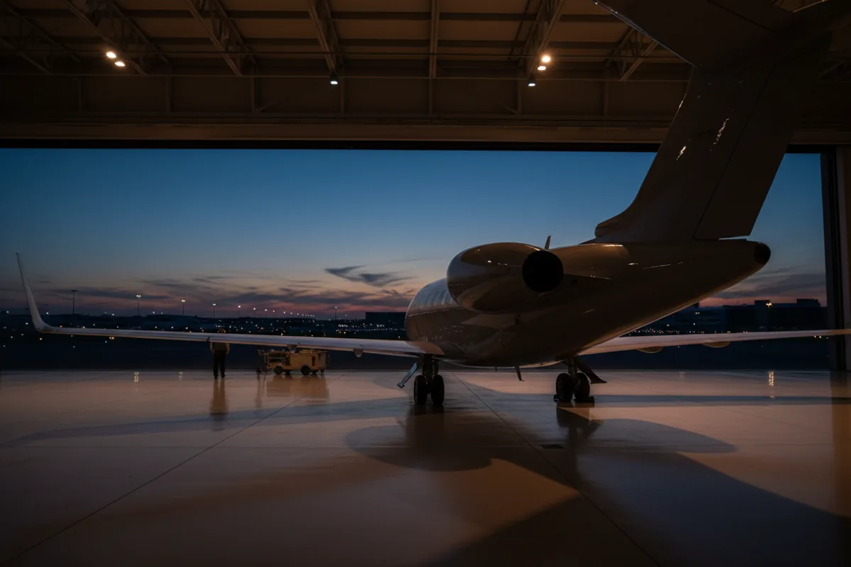 The tail of a sleek private jet inside a modern hangar at twilight.