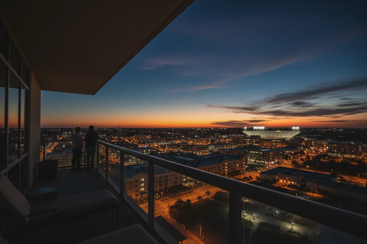A nighttime view of the Gainesville, Florida skyline and a lit stadium from a high vantage point.