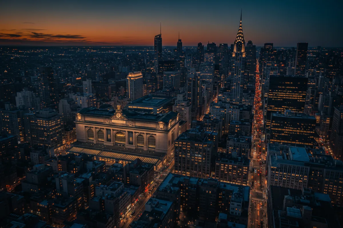 Aerial view of Midtown Manhattan, showing Grand Central Terminal and the surrounding cityscape on a sunny day.