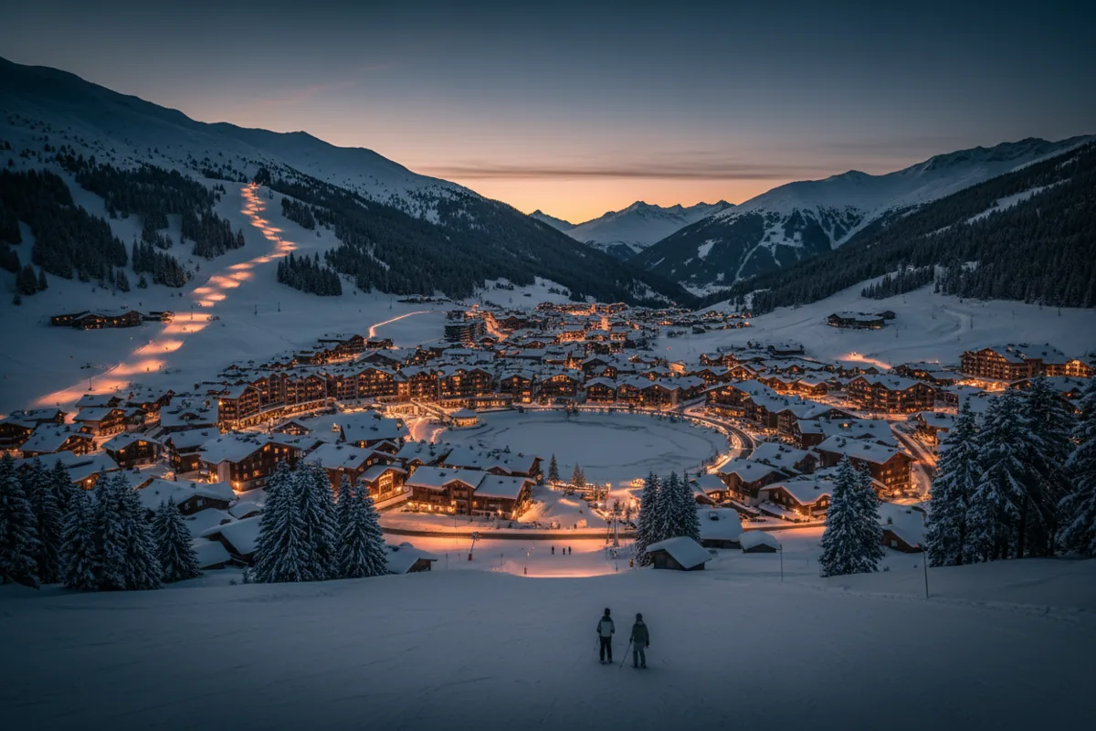 A luxury Alpine ski resort village glows with warm lights at dusk, nestled in snow-covered mountains.