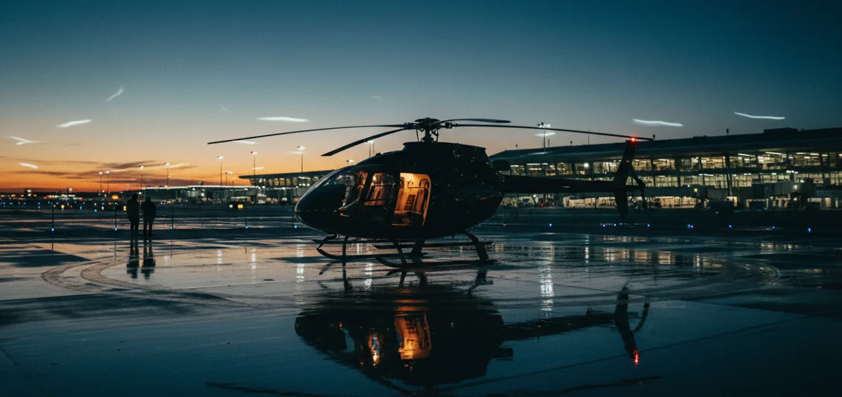 A sleek helicopter with its cabin lights on, waiting on a helipad at an airport at dusk.