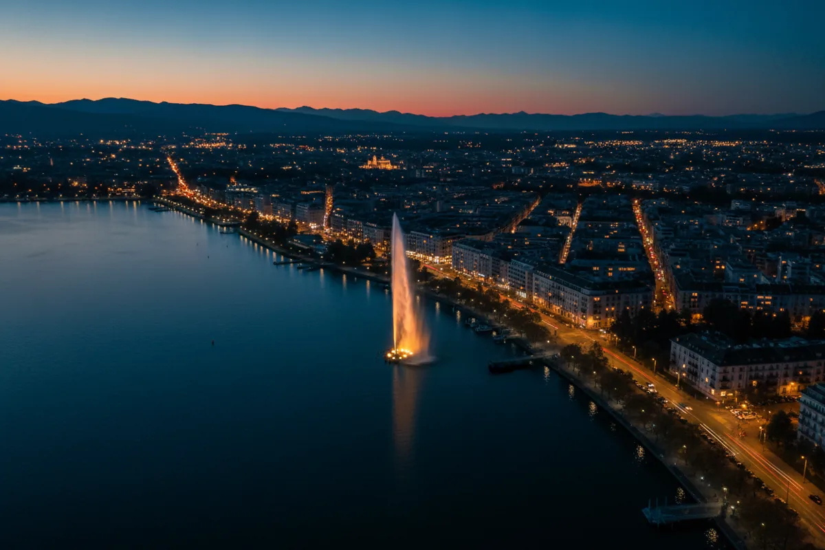 Aerial view of Geneva's illuminated Jet d'Eau fountain and the city shoreline at twilight.