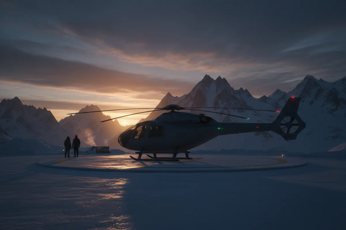 A modern helicopter on a snowy mountain helipad at twilight.
