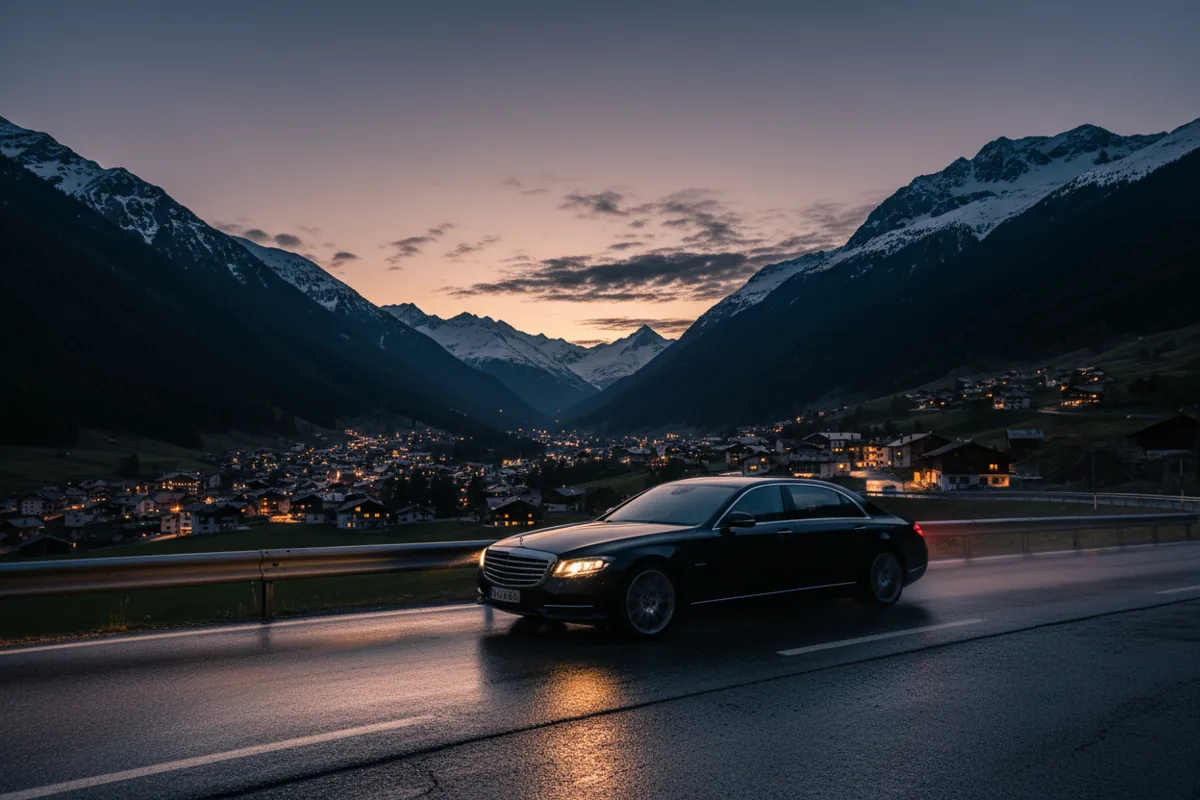 A luxury sedan drives on a winding mountain road at dusk.