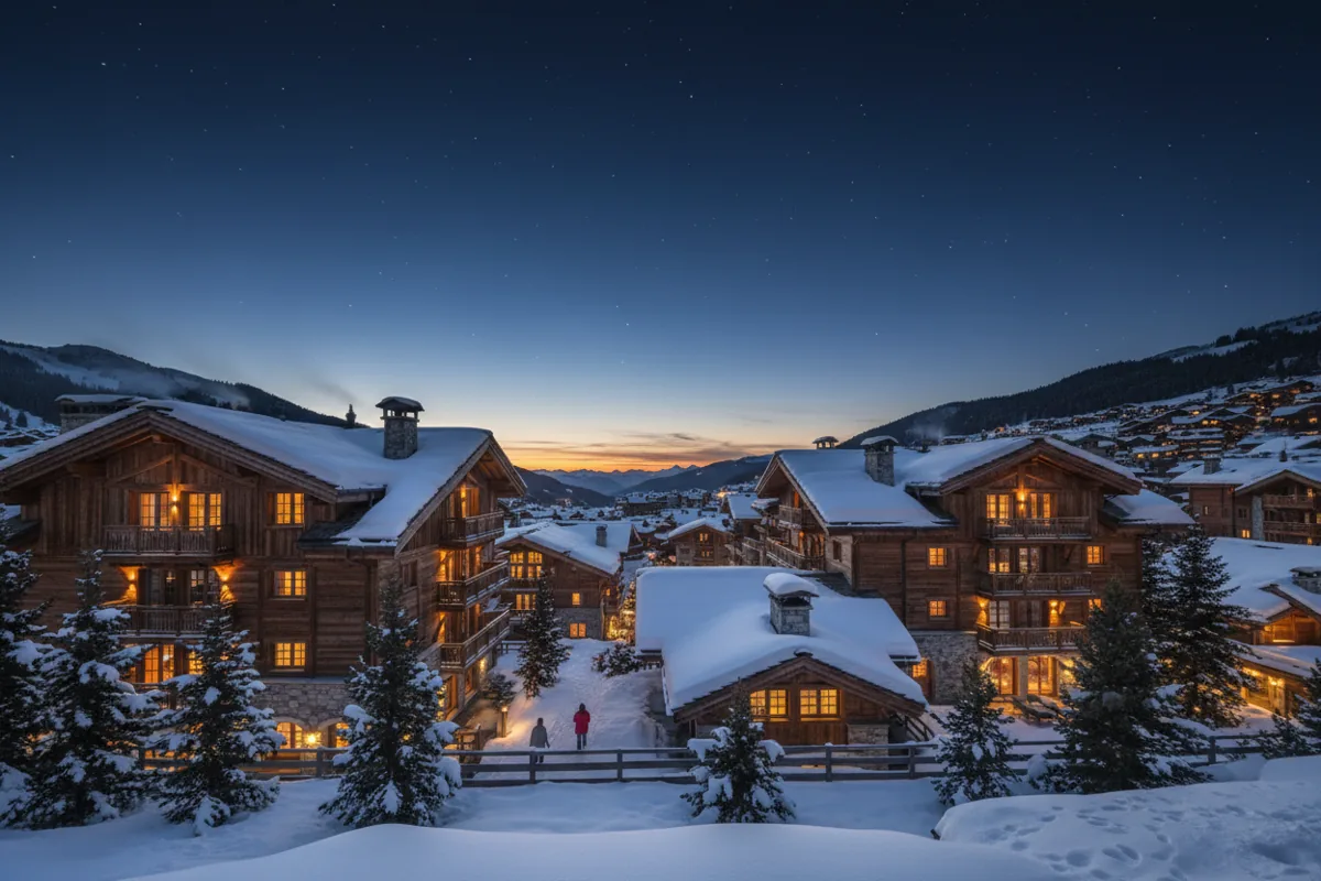 Snow-covered luxury ski chalets in Courchevel glowing with warm lights at dusk.