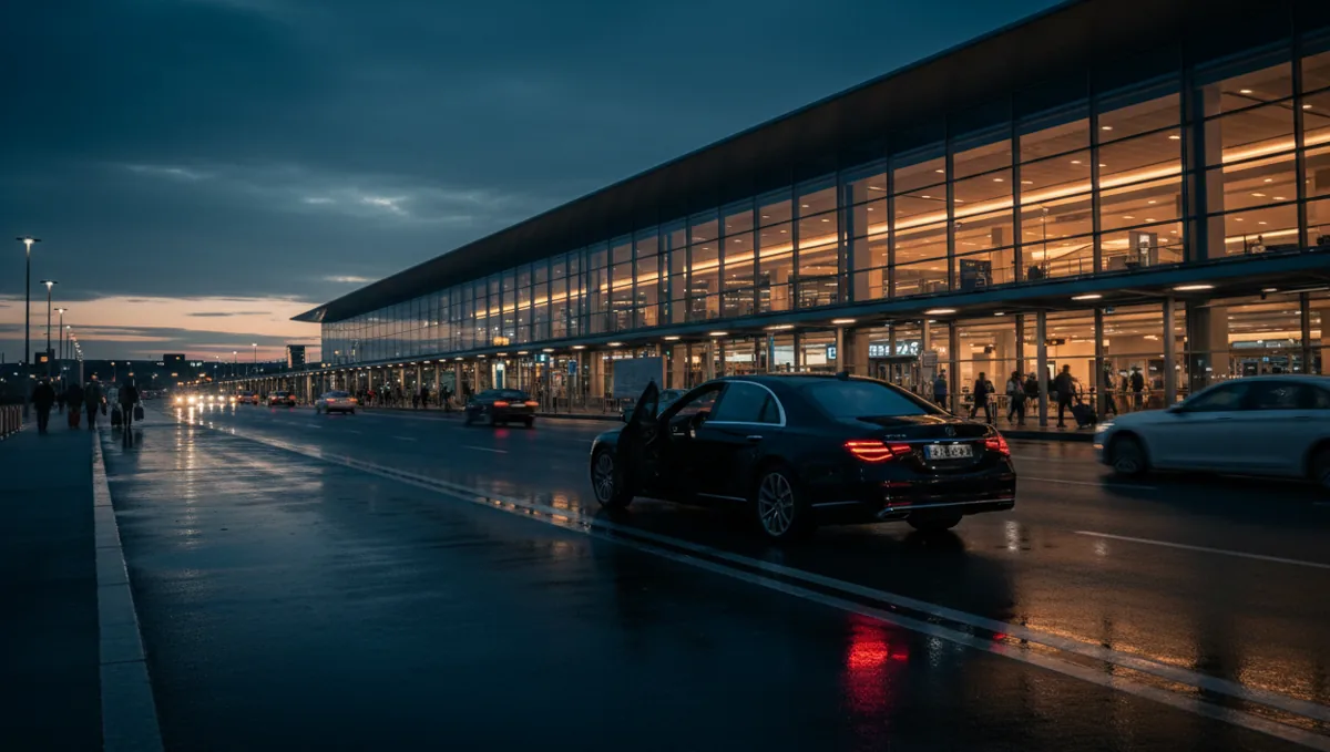 A luxury sedan waits for a passenger at an airport terminal curb at dusk.