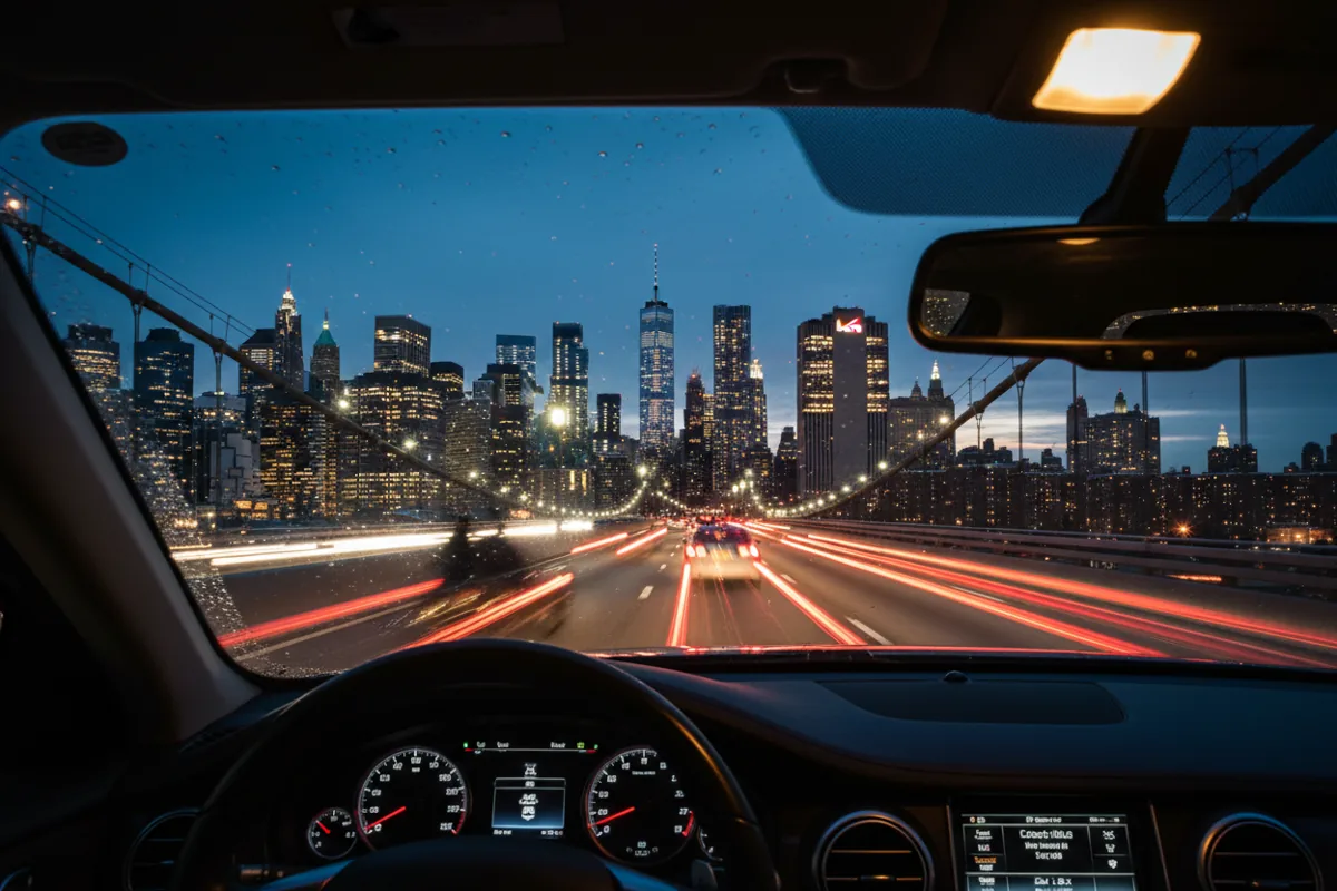 View from inside a car driving on a highway towards a city skyline at night.