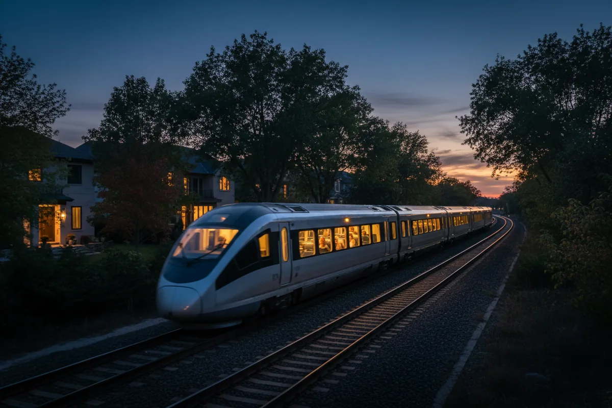 A modern passenger train with glowing windows travels through a suburban landscape at dusk.