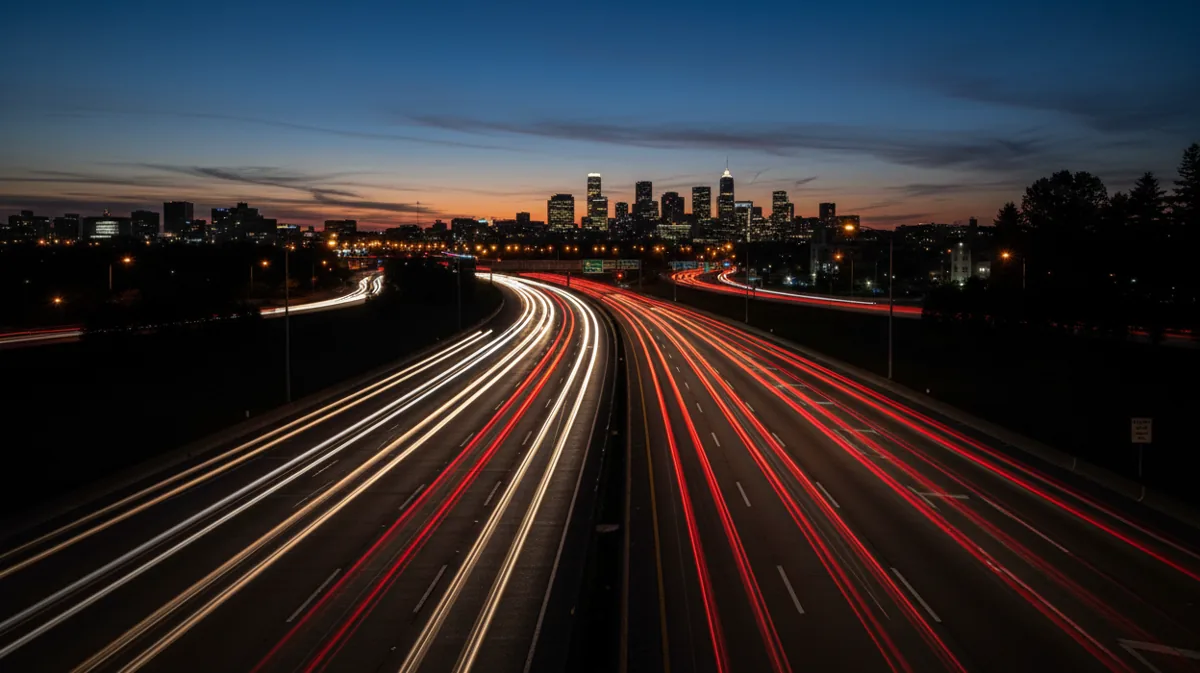 A long-exposure shot of car light trails on a highway at dusk, leading away from a city.