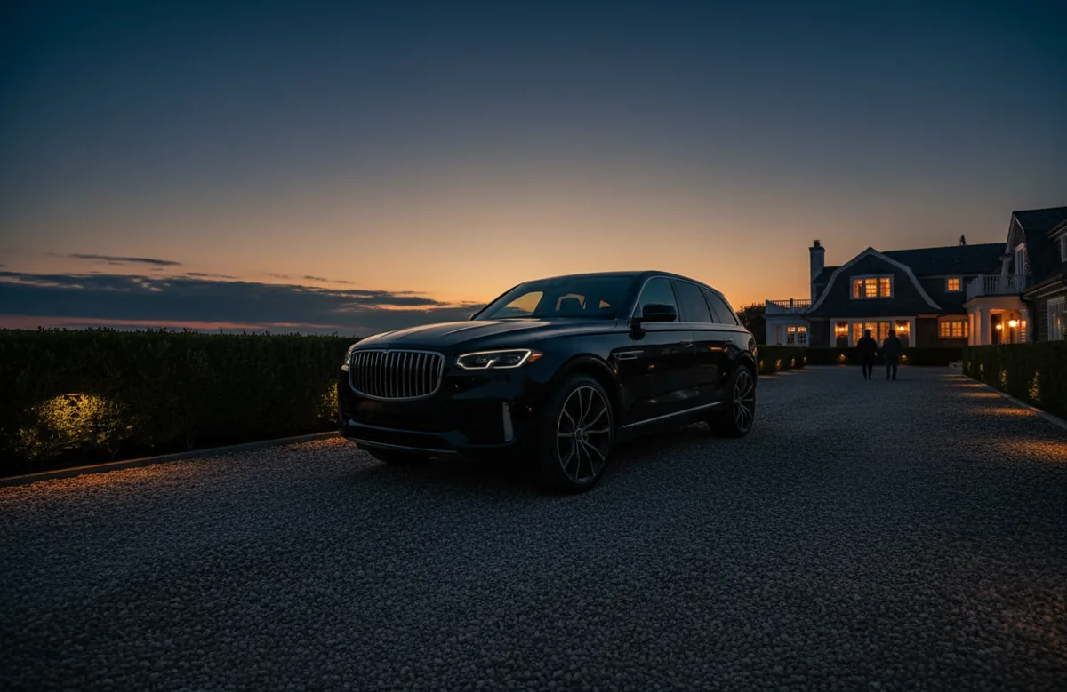 A black luxury SUV parked on a gravel driveway next to a green hedge in the Hamptons.
