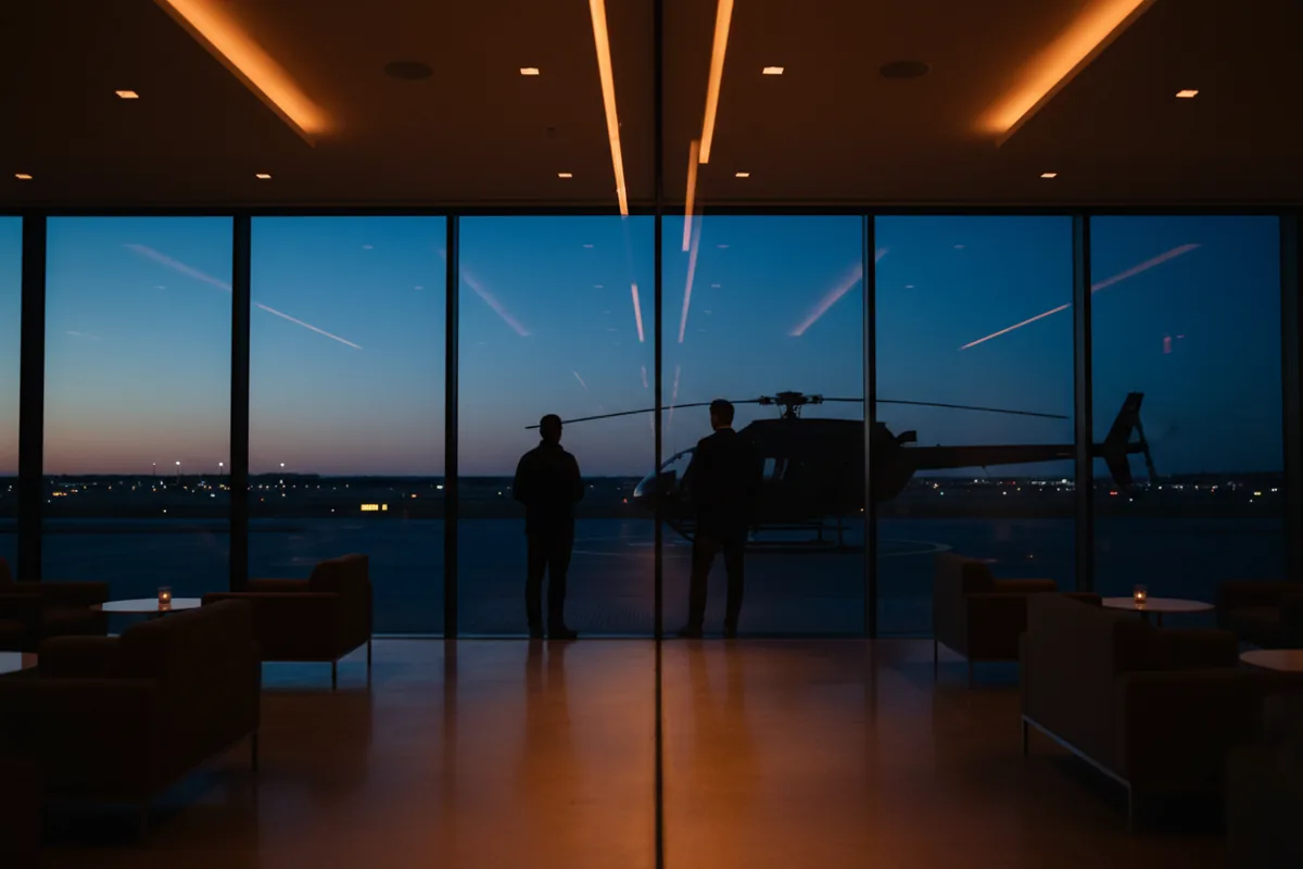 A modern airport lounge at dusk with a view of a helicopter waiting on a helipad.