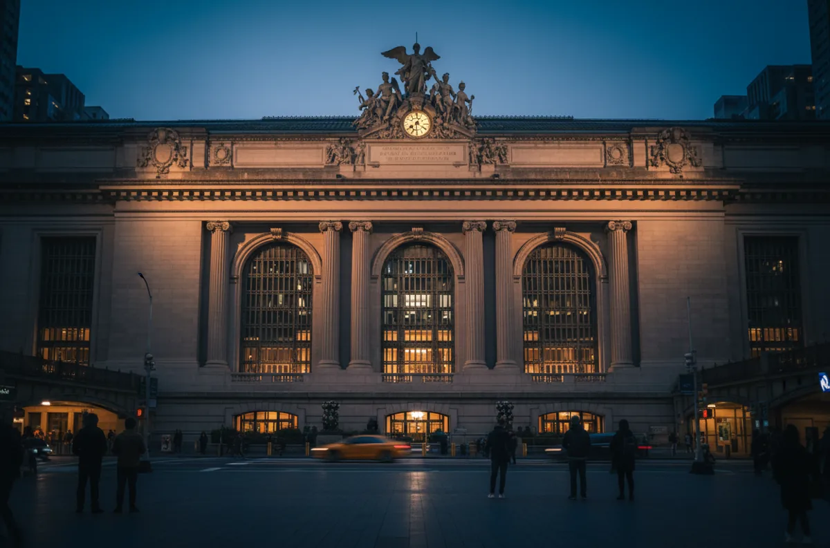 The Beaux-Arts facade of Grand Central Terminal with its three arched windows on an overcast day.