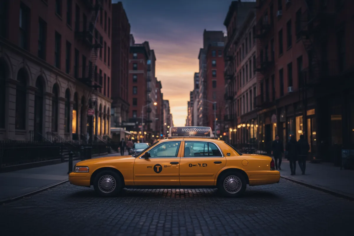A yellow New York City taxi cab parked on a quiet city street.