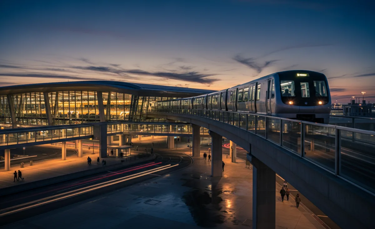 A modern airport train on an elevated track at twilight, with a glowing terminal building in the background.